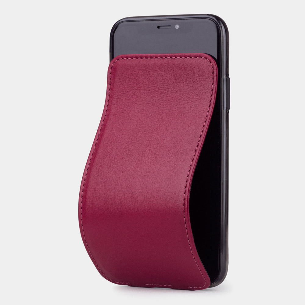 Fuchsia leather flip case for iPhone X - luxury handmade phone case in genuine leather with magnetic front cover partially open