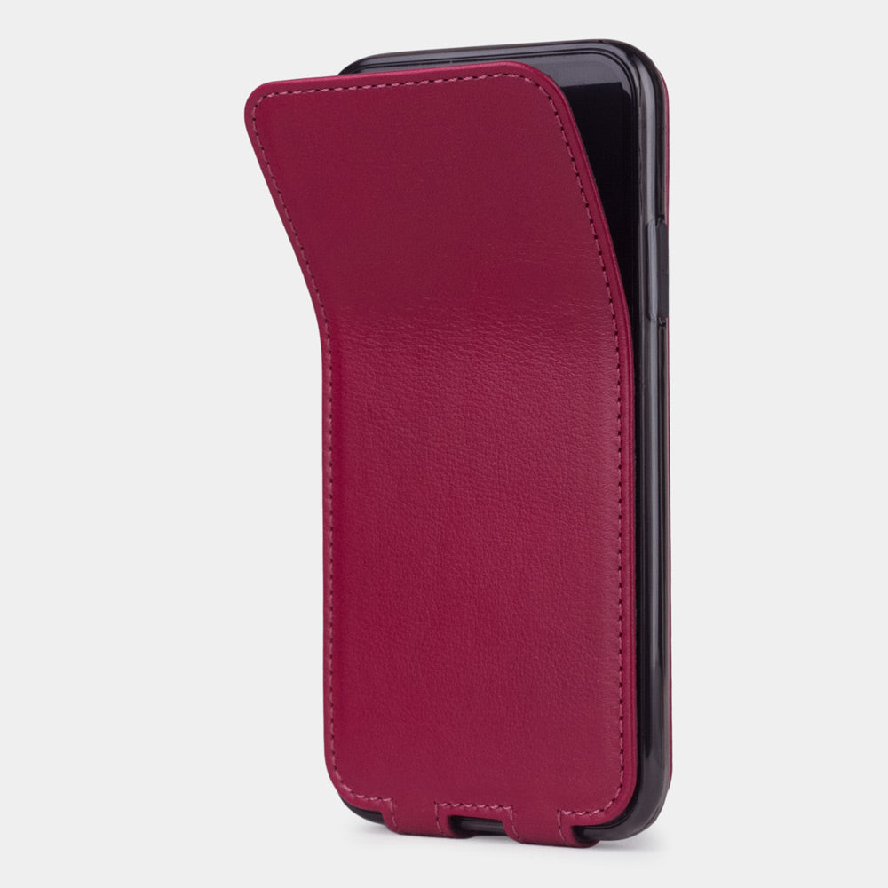 Fuchsia leather flip case for iPhone X - side view showing the soft folding cover partially open