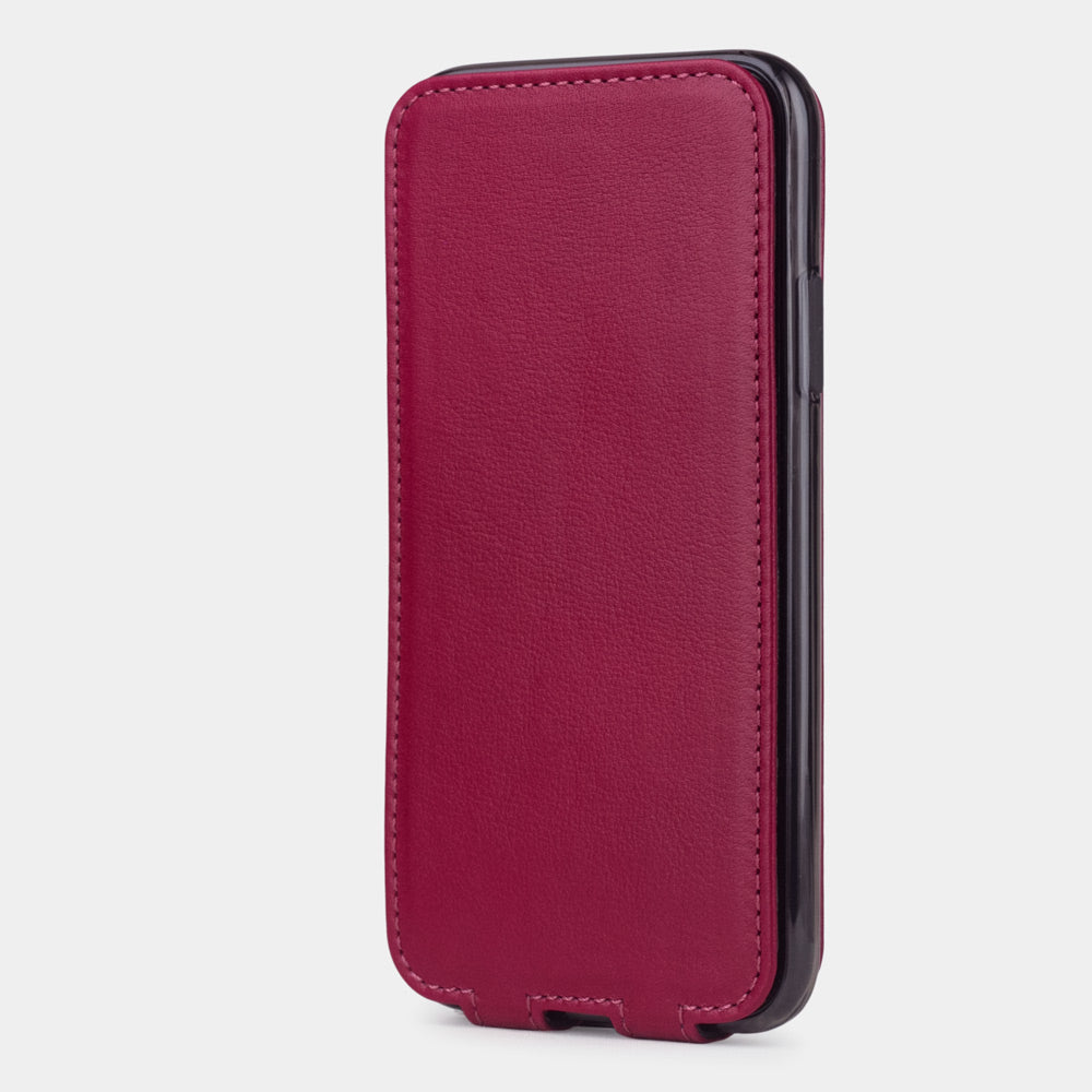 Fuchsia leather flip case for iPhone X - upright closed view showing the front cover