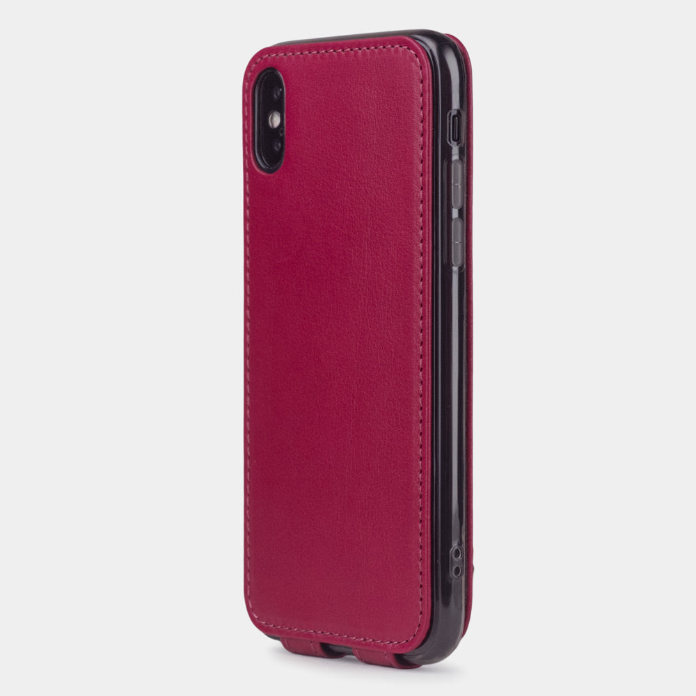 fuchsia leather case for iPhone X - back view showing the camera cutout & optical lens efficiently protected