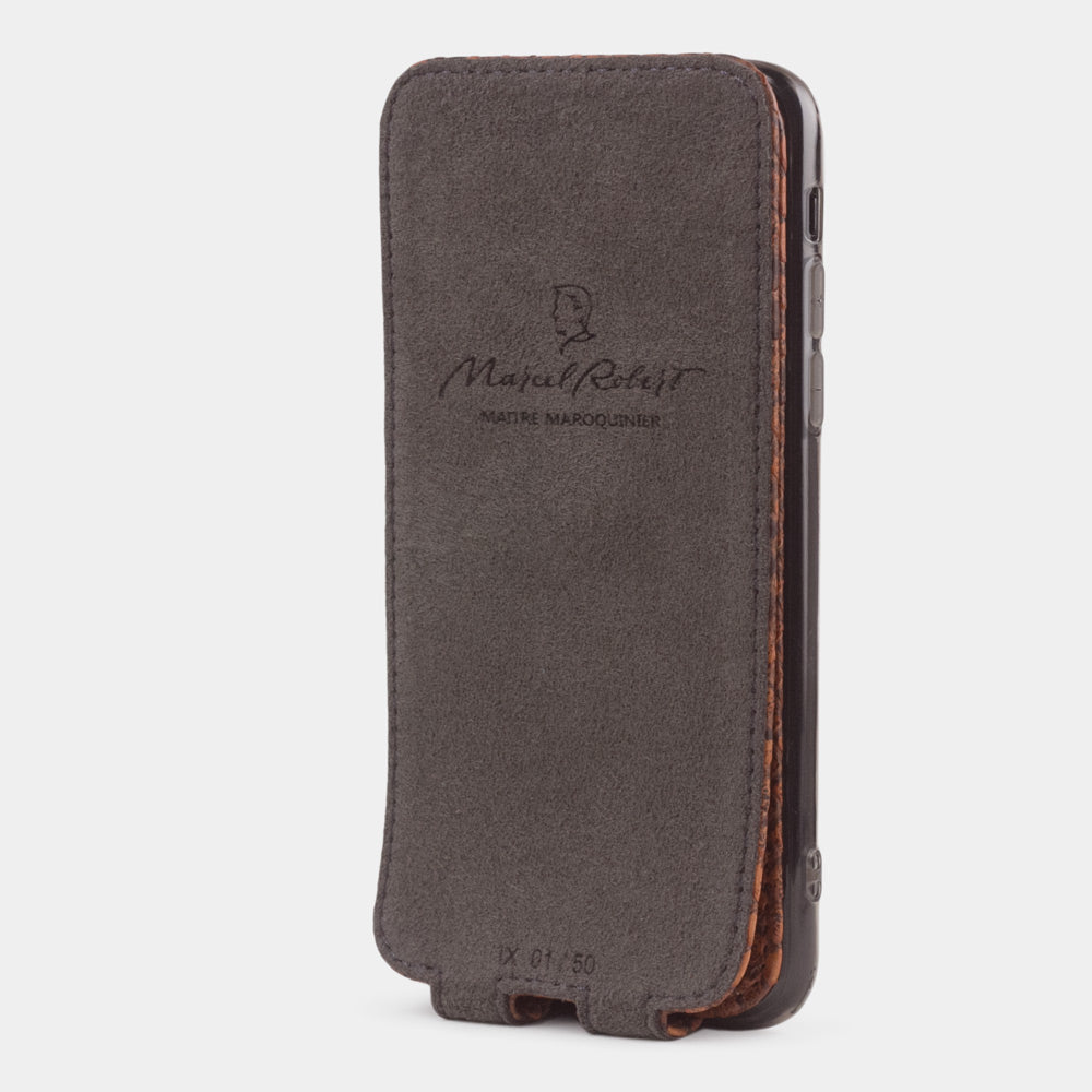 python leren hoesje goud voor iPhone X - binnenaanzicht met de Alcantara-voering om het telefoonscherm te reinigen