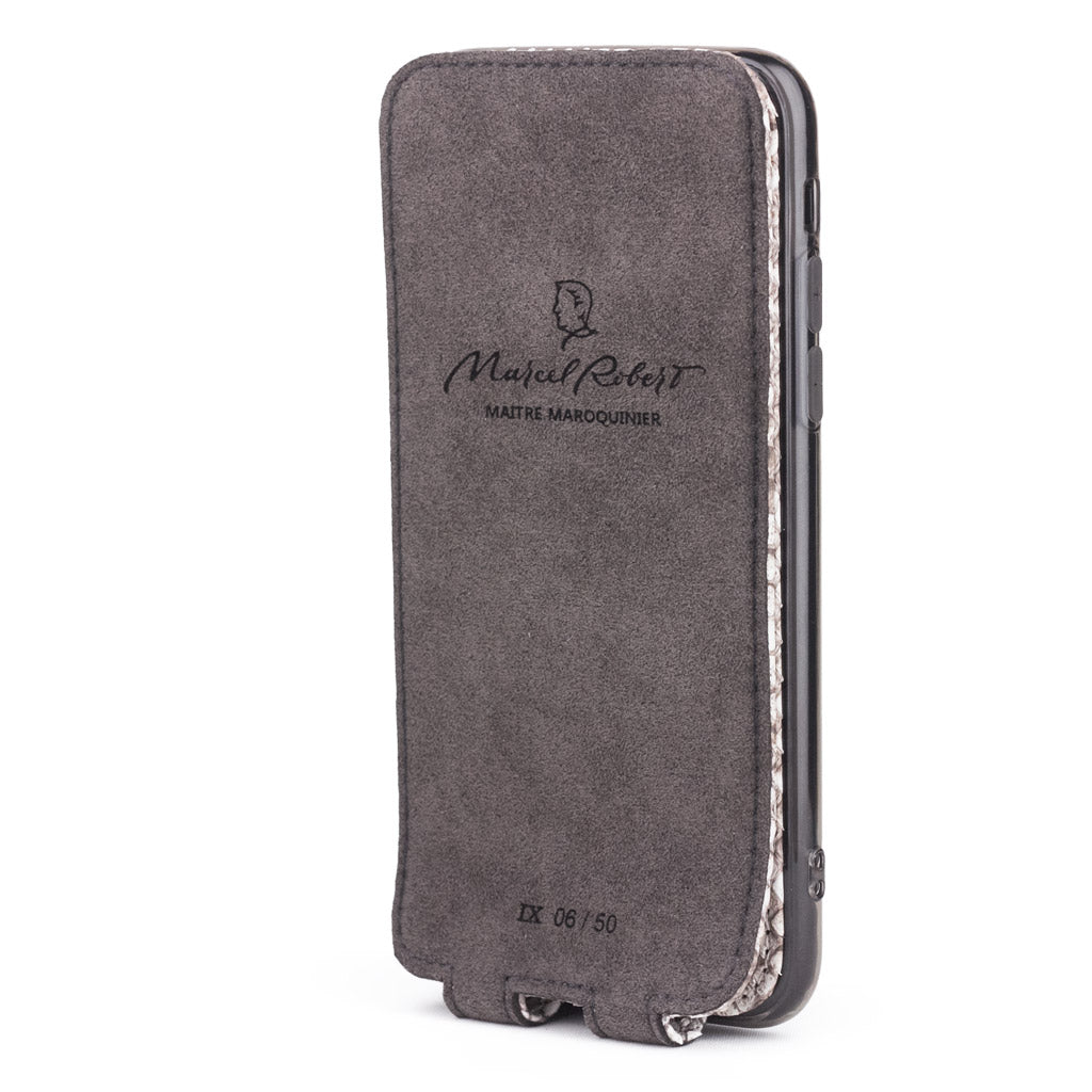 natural python leather case for iPhone XS Max - interior view showing the Alcantara lining used to clean the phone screen