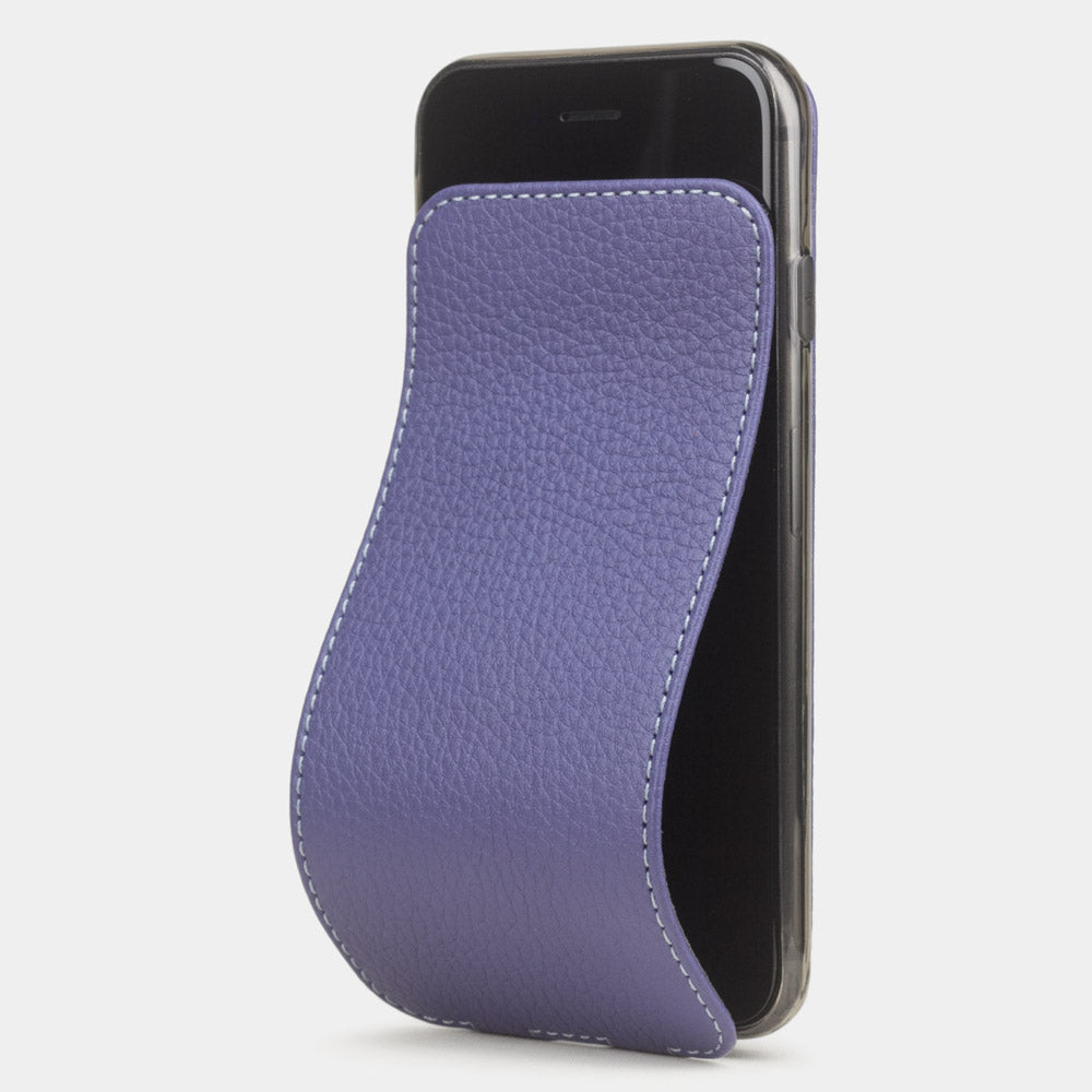 Funda de piel Morado para iPhone SE - funda de lujo en piel auténtica con tapa magnética parcialmente abierta