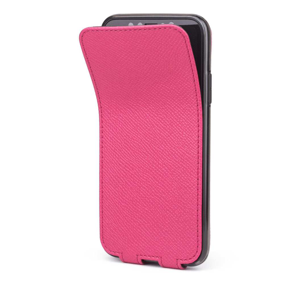 Pink Fluo leather flip case for iPhone X - side view showing the soft folding cover partially open