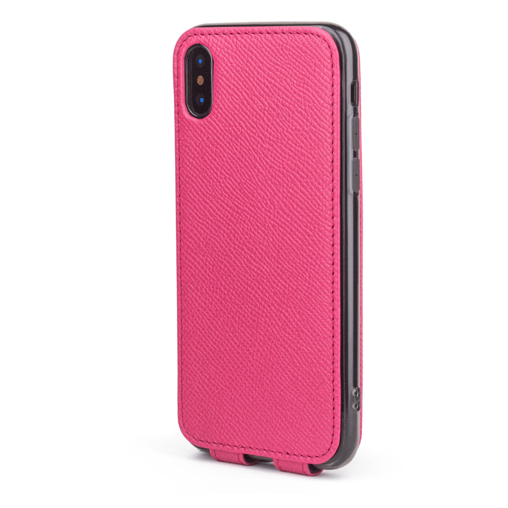 pink fluo leather case for iPhone X - back view showing the camera cutout & optical lens efficiently protected