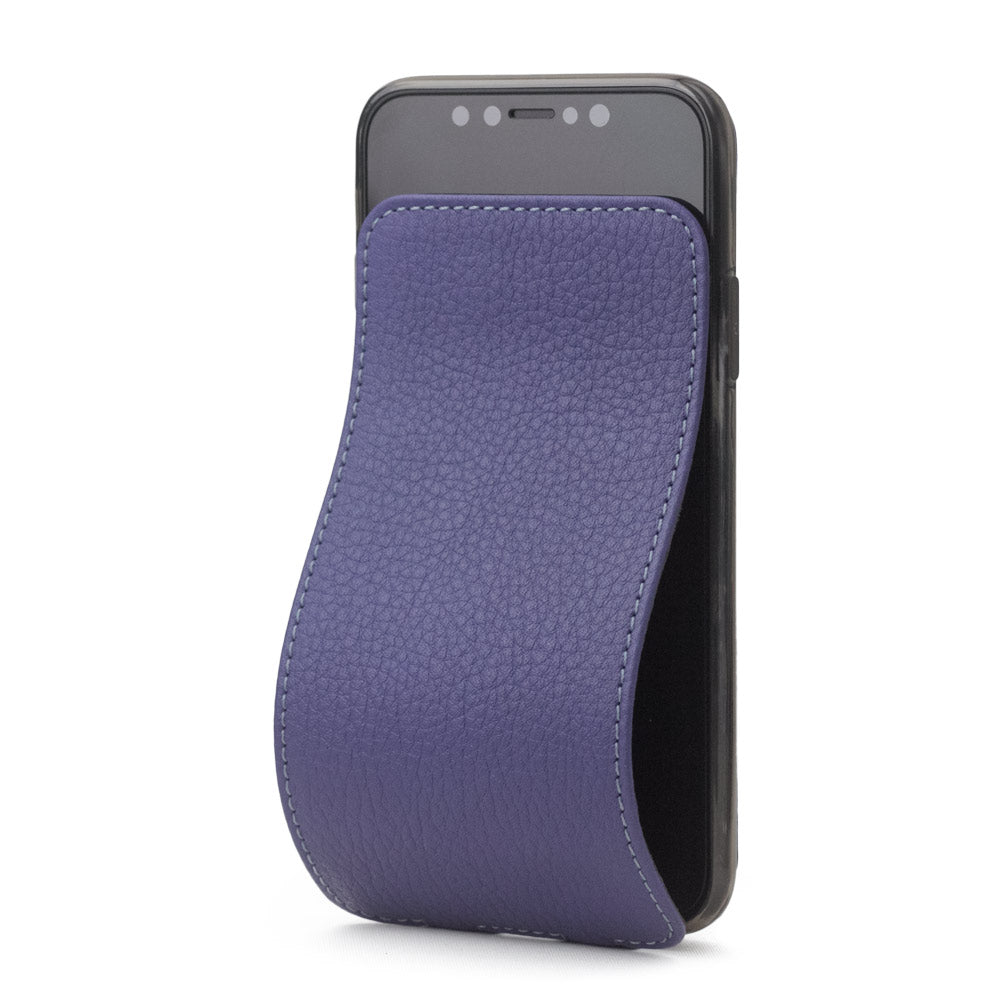 Purple leather flip case for iPhone X - luxury handmade phone case in genuine leather with magnetic front cover partially open