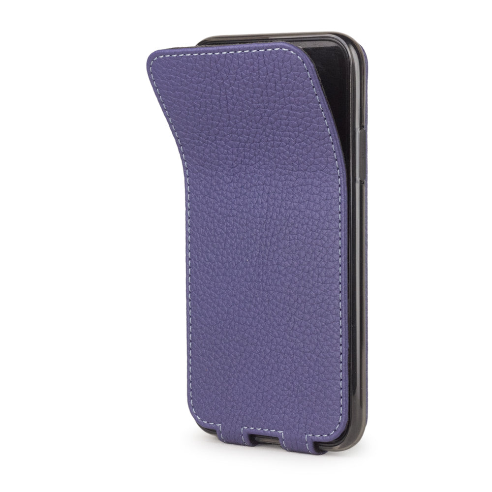 Purple leather flip case for iPhone X - side view showing the soft folding cover partially open