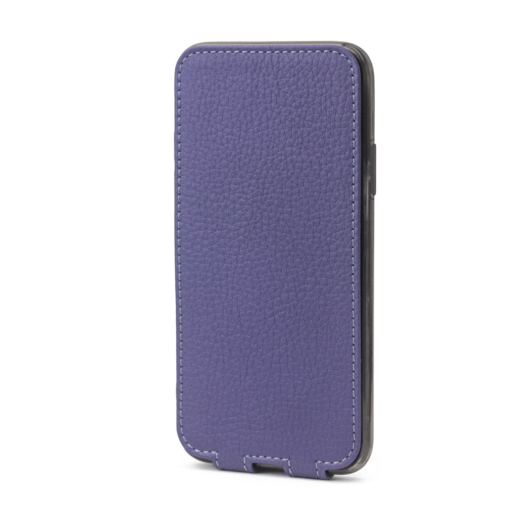 Purple leather flip case for iPhone X - upright closed view showing the front cover