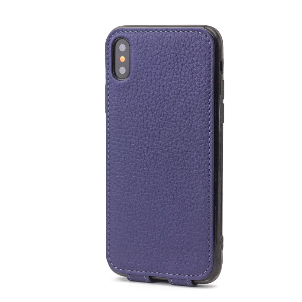 purple leather case for iPhone X - back view showing the camera cutout & optical lens efficiently protected