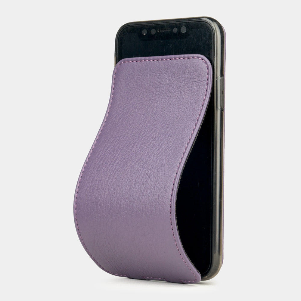 Violet leather flip case for iPhone X - luxury handmade phone case in genuine leather with magnetic front cover partially open