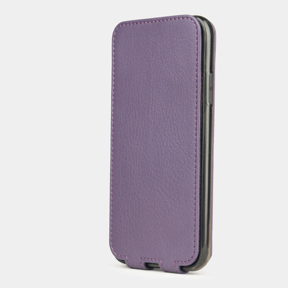 Violet leather flip case for iPhone X - upright closed view showing the front cover