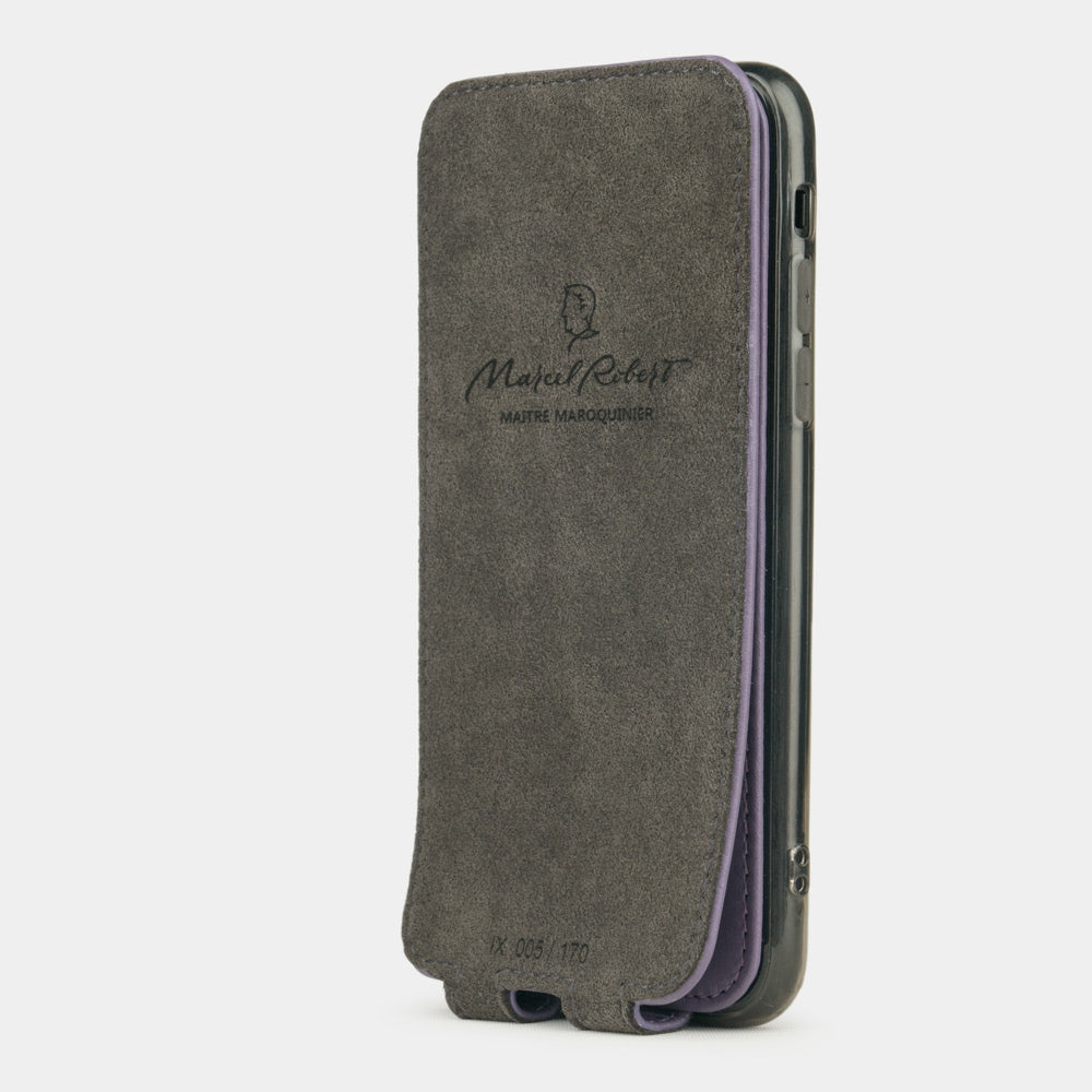 violet leather case for iPhone X - interior view showing the Alcantara lining used to clean the phone screen
