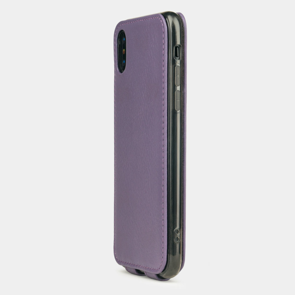violet leather case for iPhone X - back view showing the camera cutout & optical lens efficiently protected