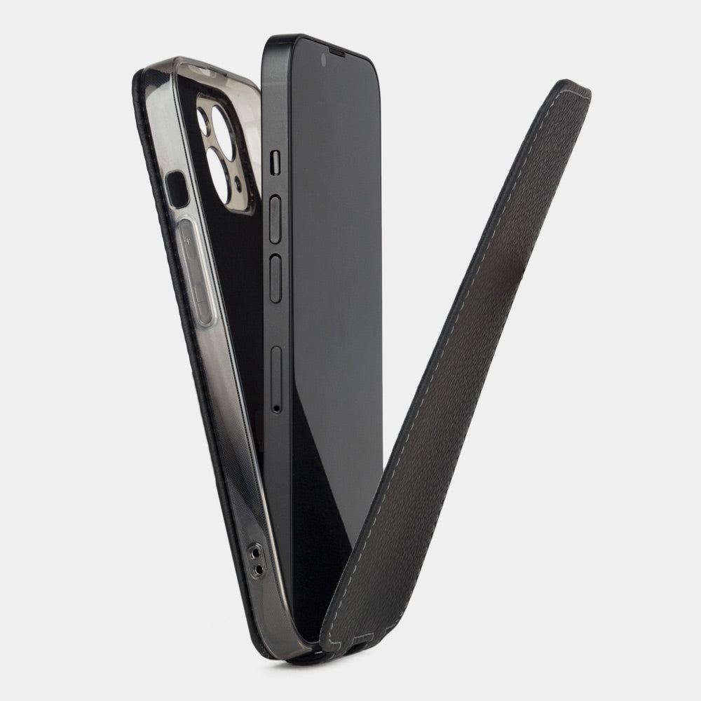 Black calfskin leather flip case for iPhone 15 – case shown apart from the phone, how to install the phone into the slim shell and camera cutout visible