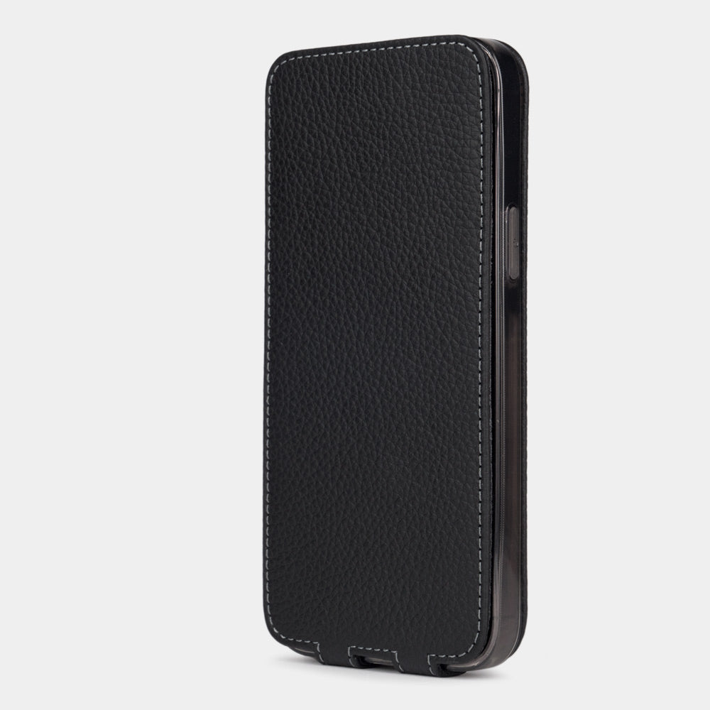 Black calfskin leather flip case for iPhone 15 – flap closed flat, profile view with side buttons accessible