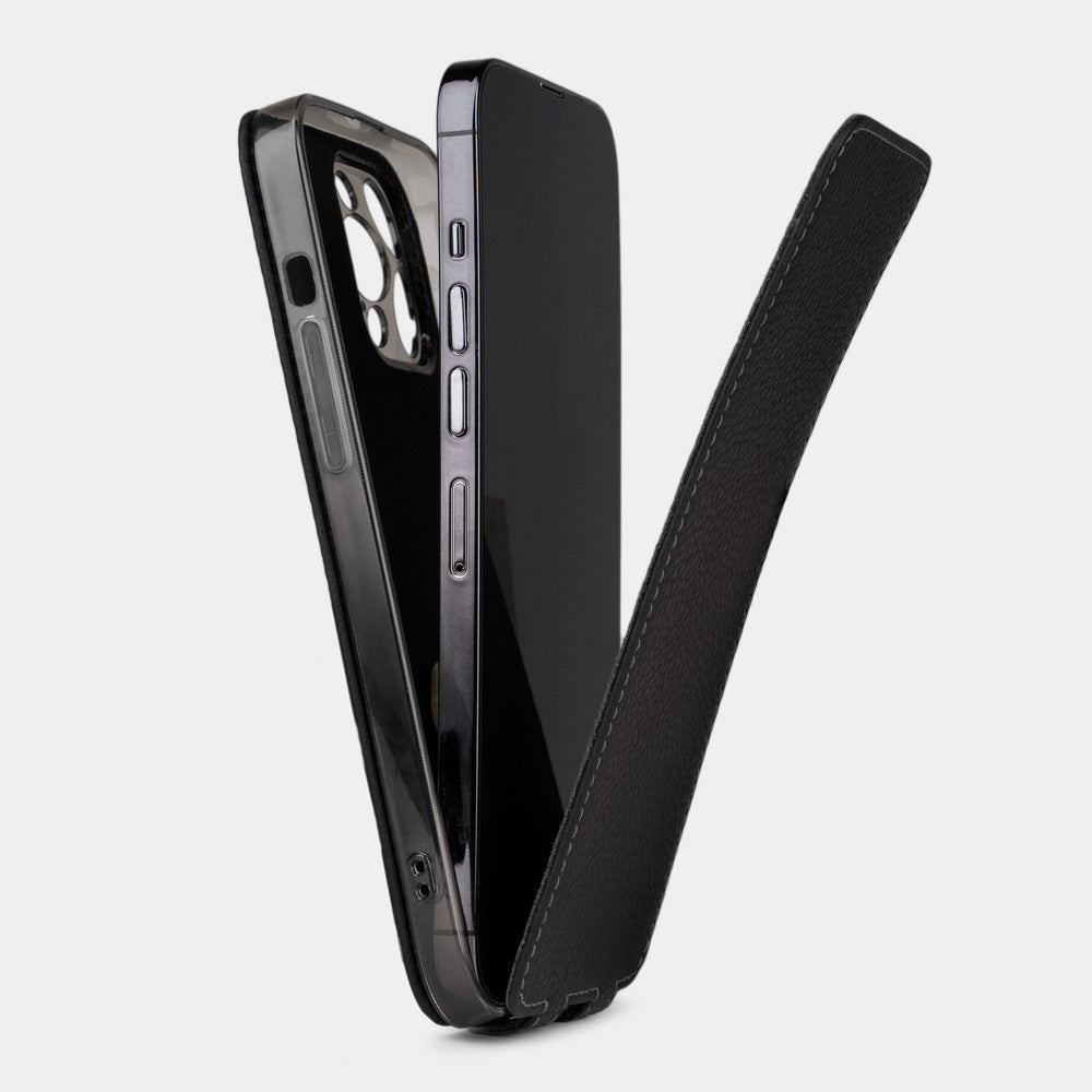 Black calfskin leather case iPhone 15 Pro Max – front view, magnetic cover closed, alternate angle