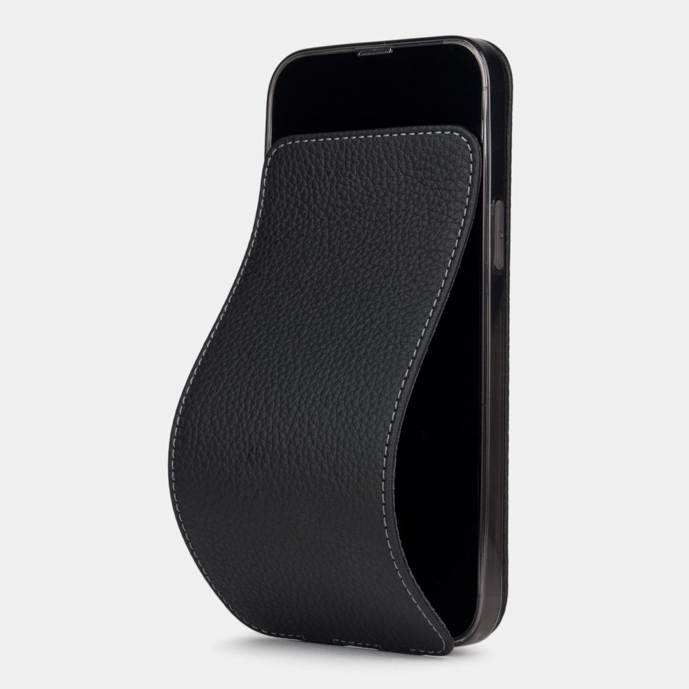 Black calfskin leather flip case for iPhone 15 – folding magnetic flap curving away to clean the screen