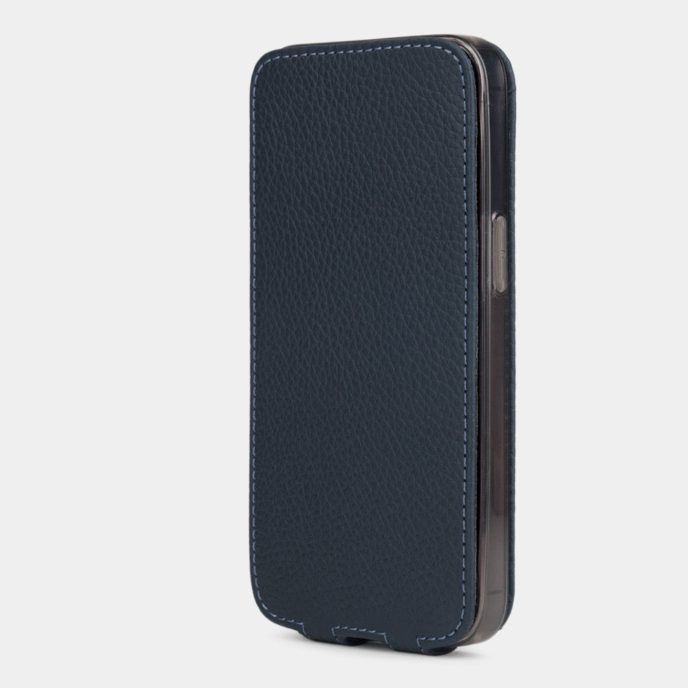 Blue calfskin leather flip case for iPhone 15 – flap closed flat, profile view with side buttons accessible