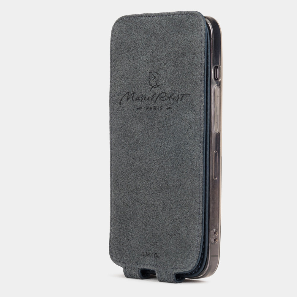 Blue calfskin leather flip case for iPhone 15 – Alcantara® inner lining to smoothly clean the iPhone's screen