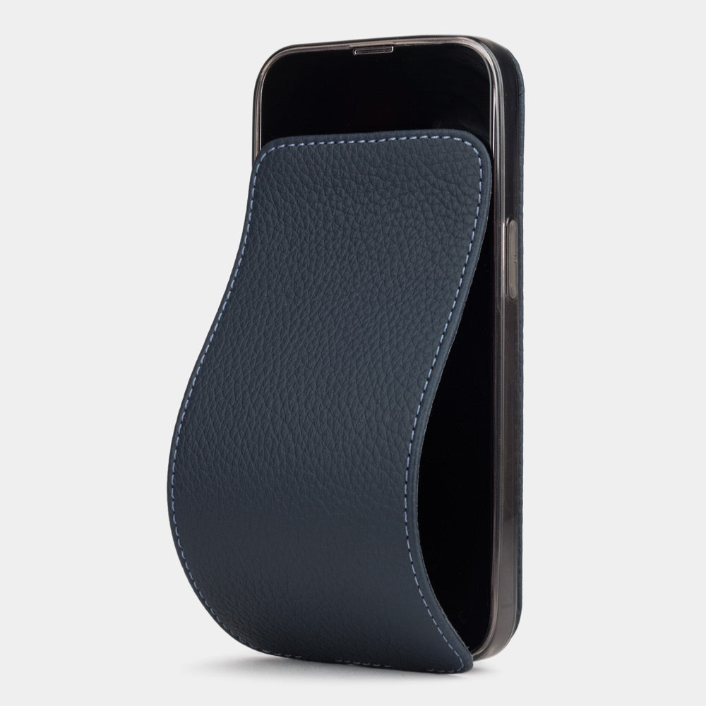 Blue calfskin leather flip case for iPhone 15 – folding magnetic flap curving away to clean the screen
