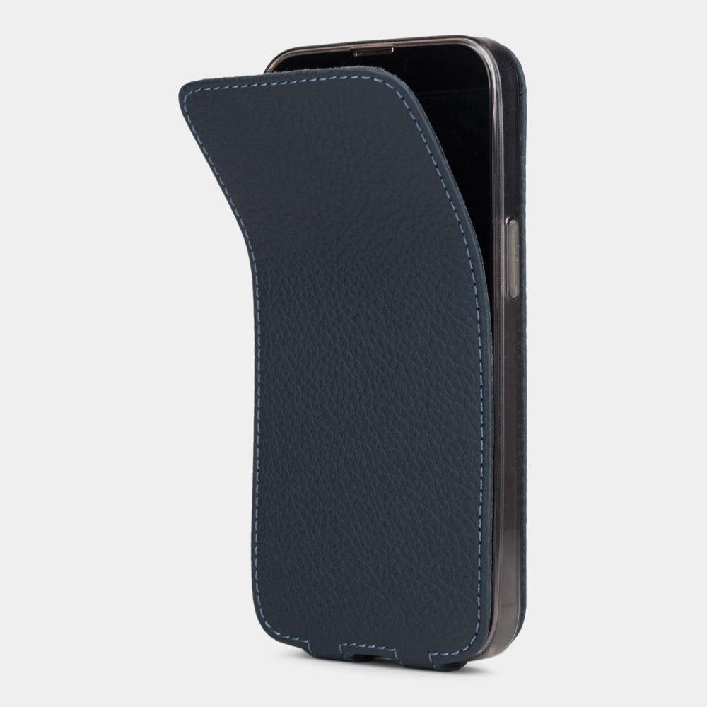 Blue calfskin leather flip case for iPhone 15 – magnetic flap opening to reveal the screen
