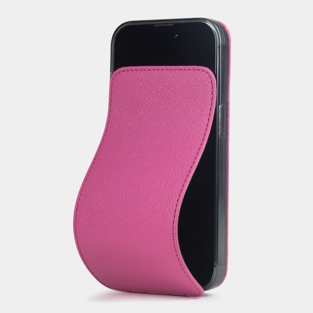 Pink calfskin leather flip case for iPhone 15 – folding magnetic flap curving away to clean the screen