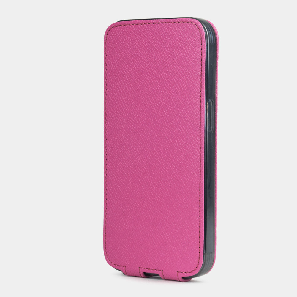 Pink calfskin leather flip case for iPhone 15 – flap closed flat, profile view with side buttons accessible