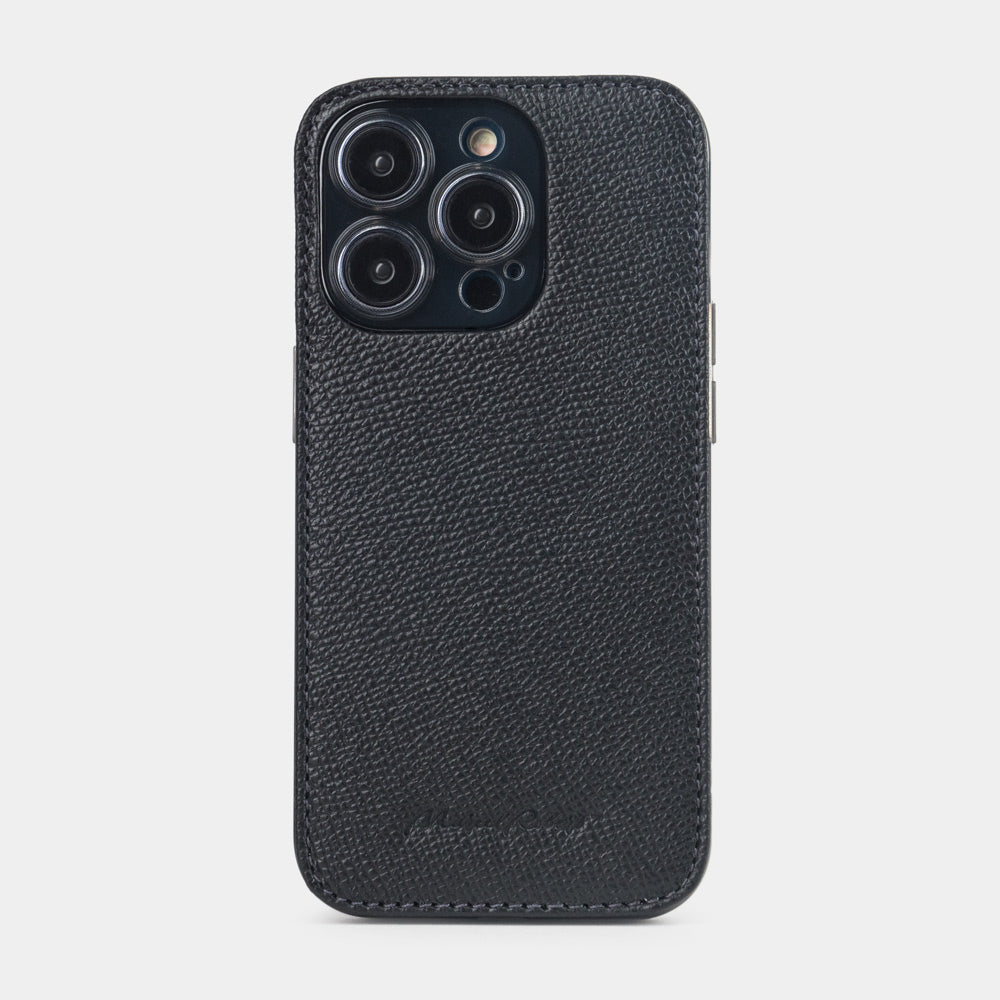 black Saffiano leather iPhone 15 Pro Max cover case with slim profile and precision camera cut-out