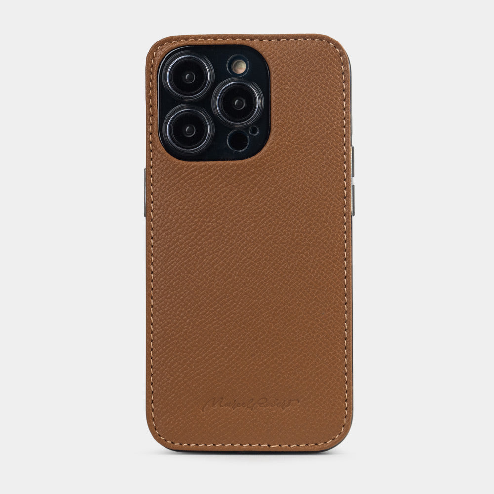 gold Saffiano leather iPhone 15 Pro Max cover case with slim profile and precision camera cut-out