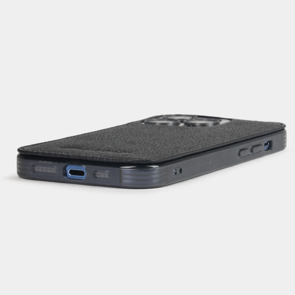 black saffiano leather Cover Case iPhone 15 Pro Max - flat side view displaying ultra-thin handcrafted design, USB-C port opening and precise edge finishing