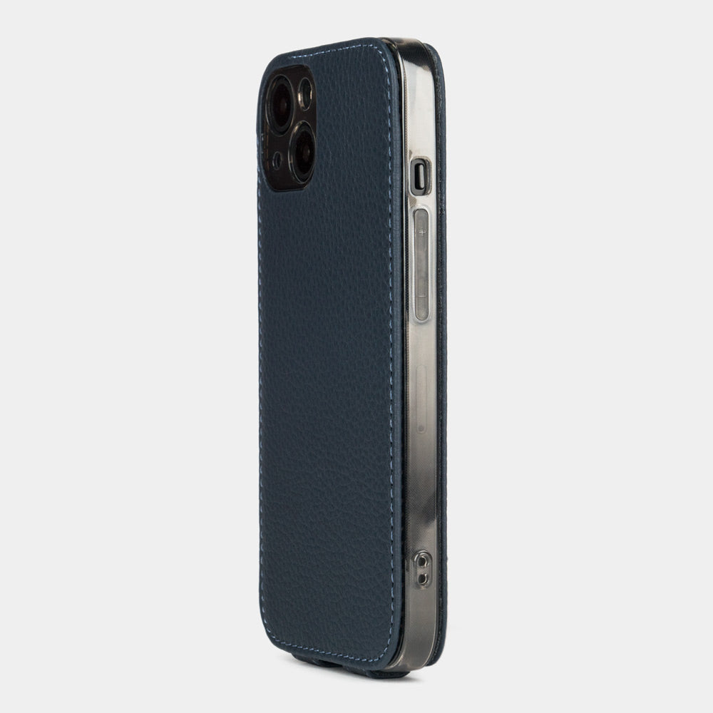 Blue calfskin leather flip case for iPhone 15 – back view showing the camera cutout and hand-stitched edges