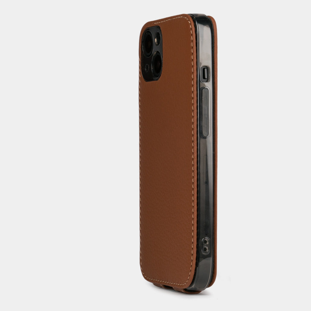 Gold calfskin leather flip case for iPhone 15 – back view showing the camera cutout and hand-stitched edges