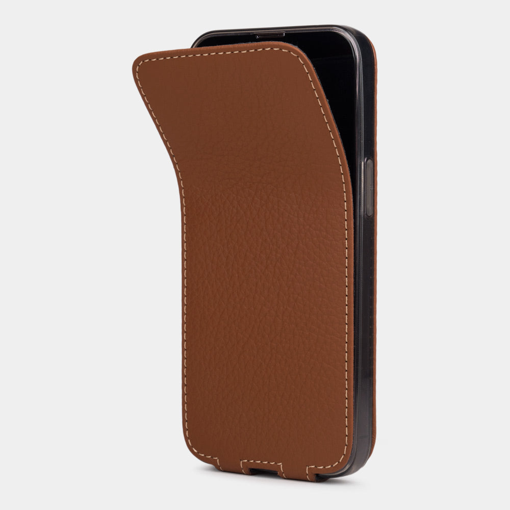Gold calfskin leather flip case for iPhone 15 – magnetic flap opening to reveal the screen