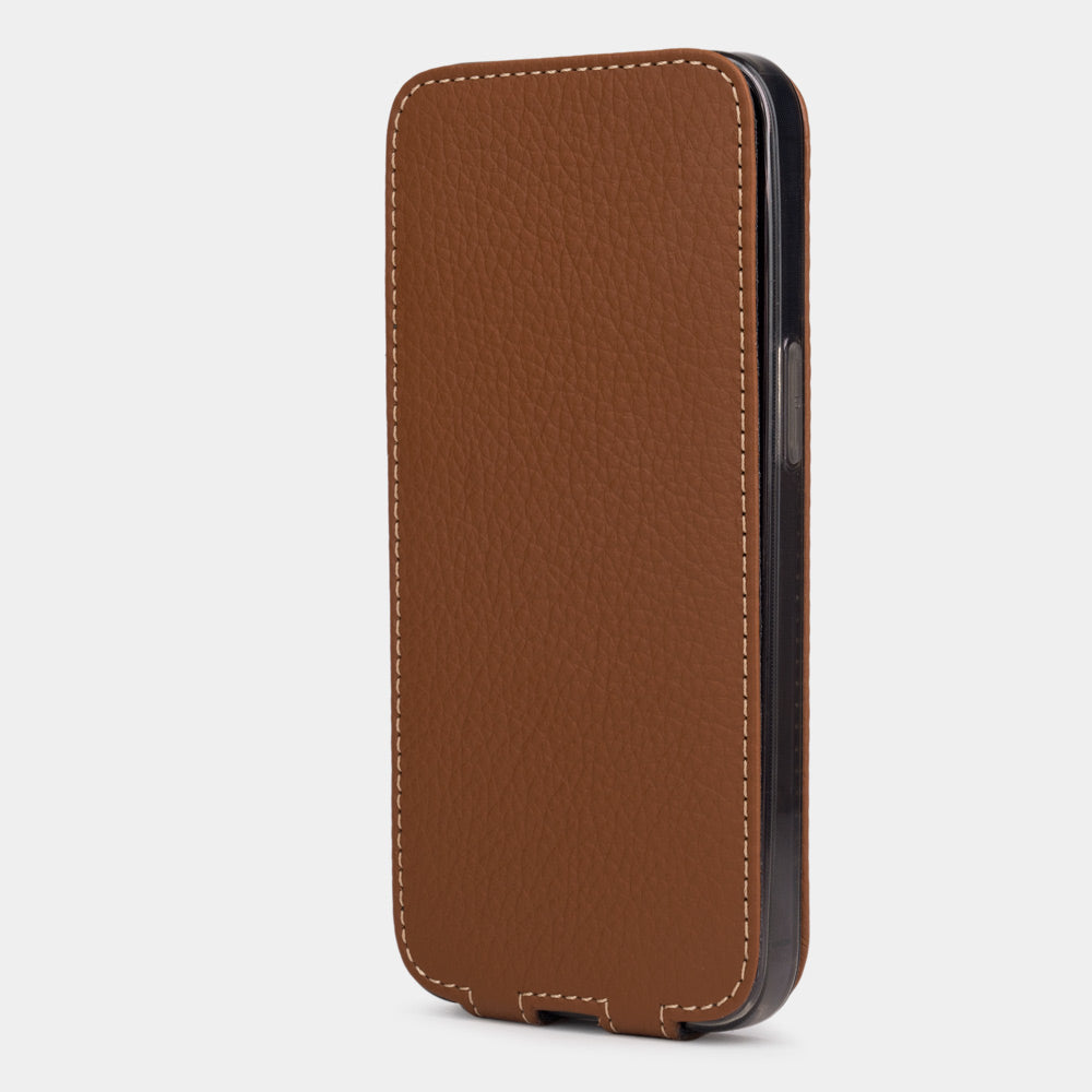 Gold calfskin leather flip case for iPhone 15 – flap closed flat, profile view with side buttons accessible