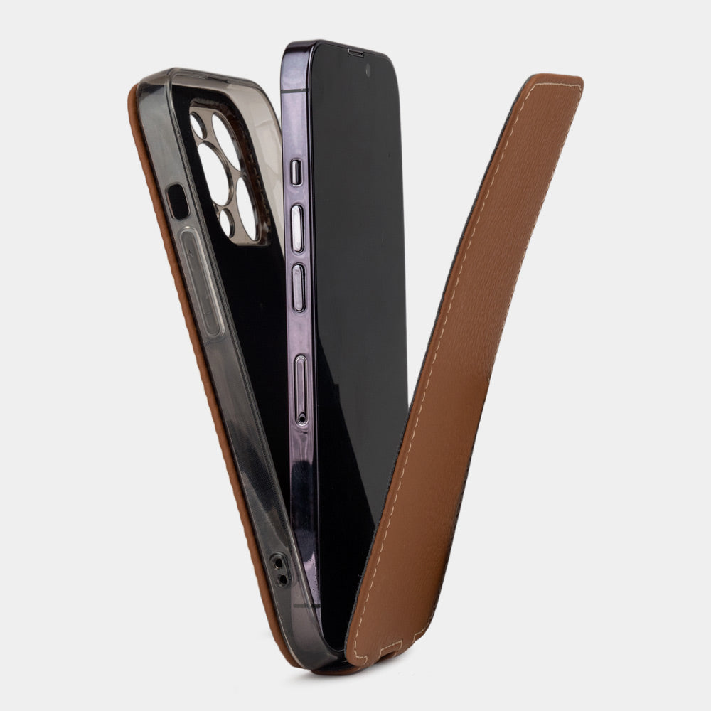 Gold calfskin leather flip case for iPhone 15 – case shown apart from the phone, how to install the phone into the slim shell and camera cutout visible