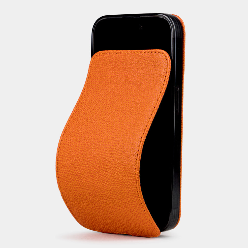 orange Calfskin Case iPhone 15 Pro & Pro Max – upright closed view highlighting the magnetic front cover fully protecting the screen, elegant silhouette