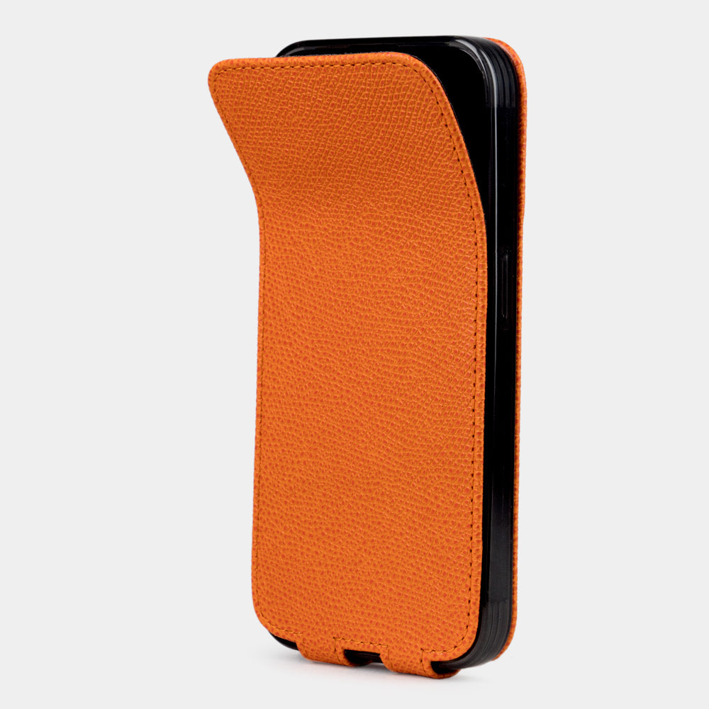 orange calfskin case iPhone 15 Pro & Pro Max – luxury handmade phone case in genuine leather with magnetic front cover partially open