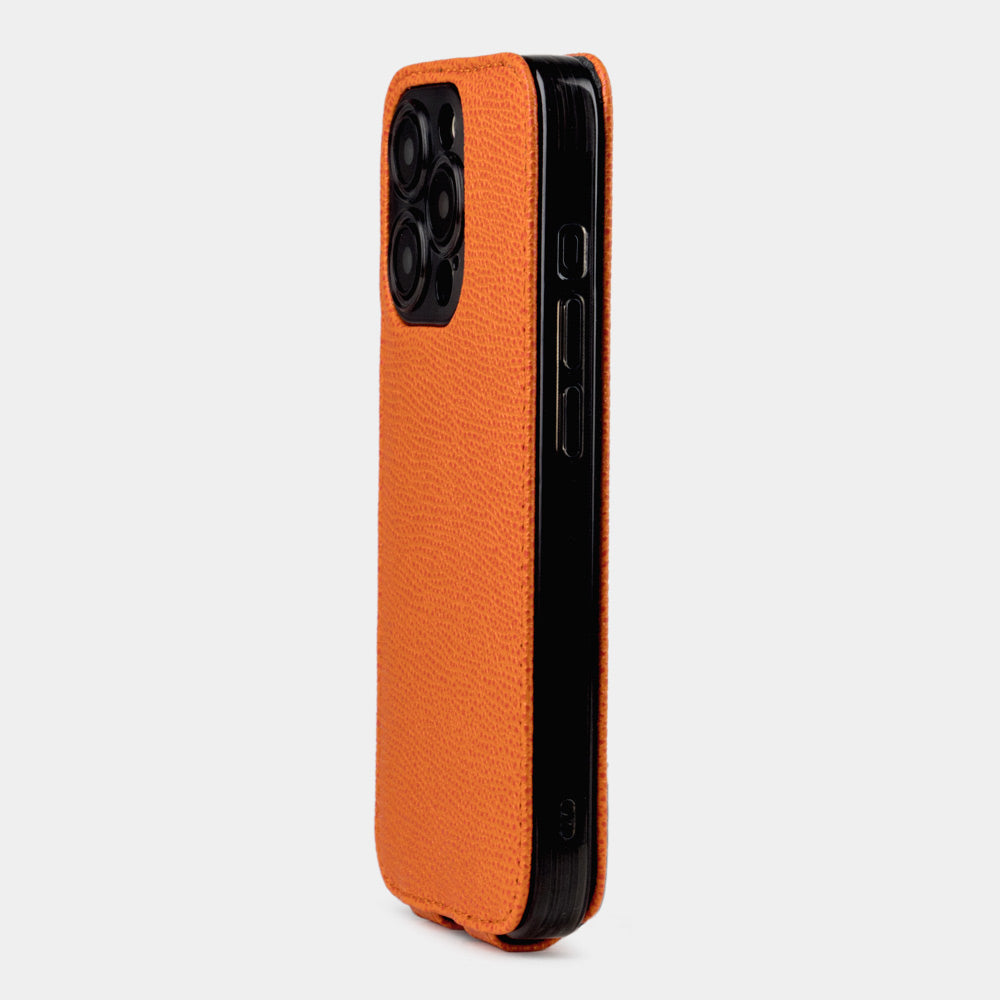 orange Calfskin Case iPhone 15 Pro & Pro Max - interior view showing grey Alcantara lining with magnetic closure, designed to clean and protect the screen