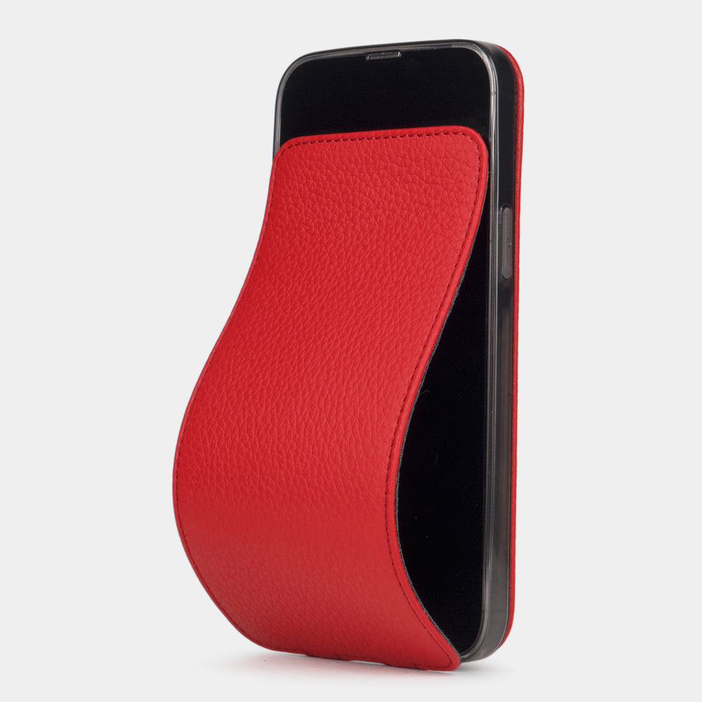red calfskin case iPhone 15 Pro & Pro Max – luxury handmade phone case in genuine leather with magnetic front cover partially open