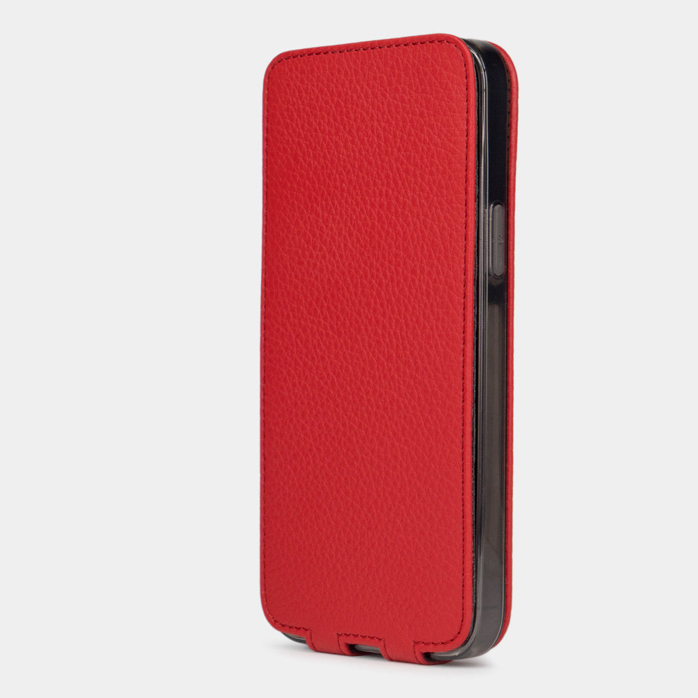 Red calfskin leather flip case for iPhone 15 – flap closed flat, profile view with side buttons accessible
