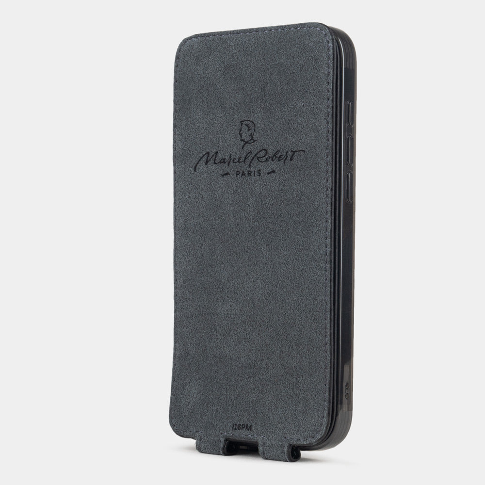black Calfskin leather Case iPhone 16 Pro - interior view showing grey Alcantara lining with magnetic closure, designed to clean and protect the screen