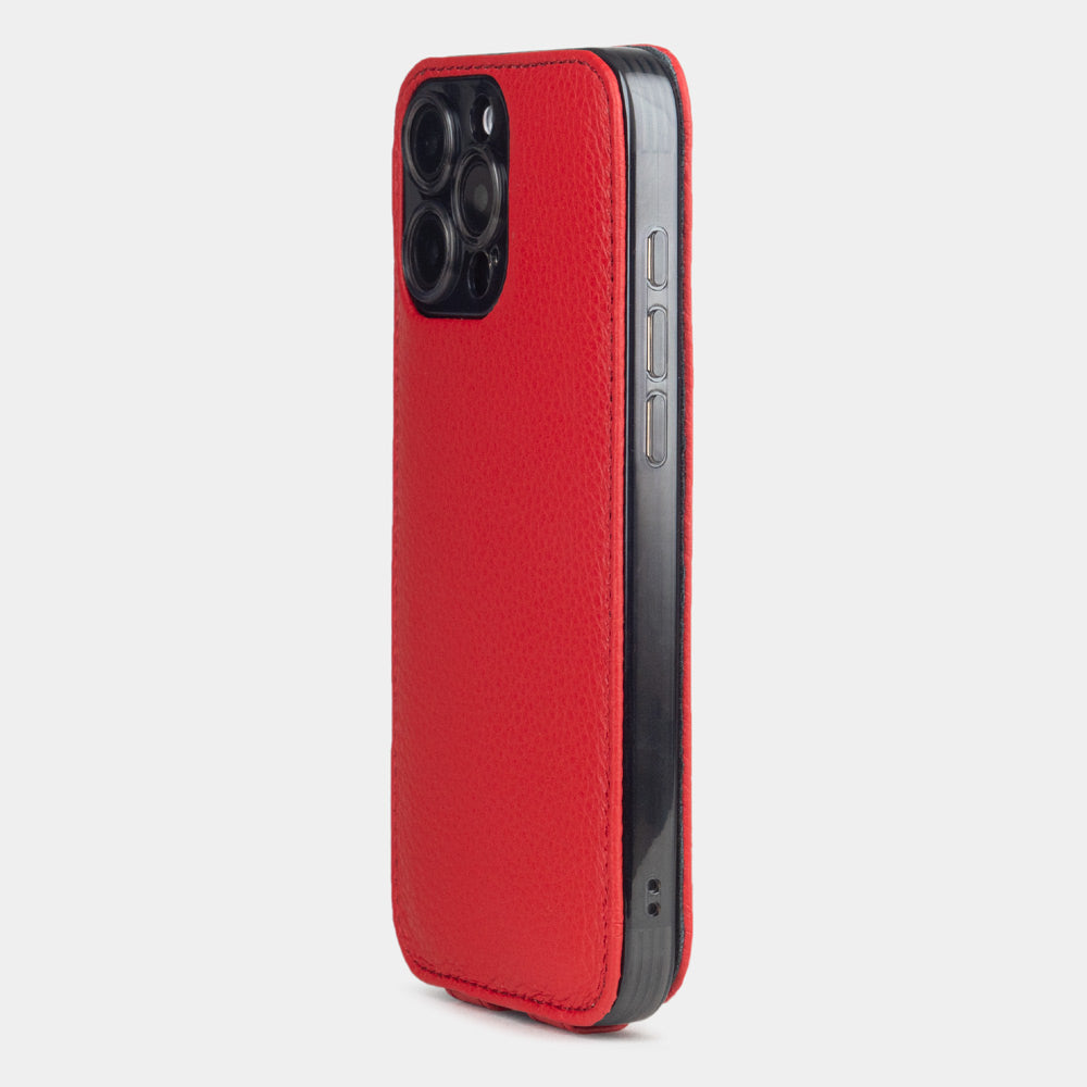 Red Calfskin leather Flip Case iPhone 16 Pro - view from camera side and how the lenses are efficiently protected