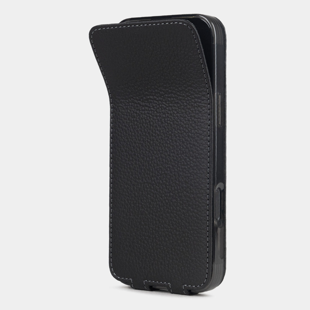 black leather flip case iPhone 17 – phone flip case with textured natural scale pattern, flexible front cover folding back to protect the smartphone screen