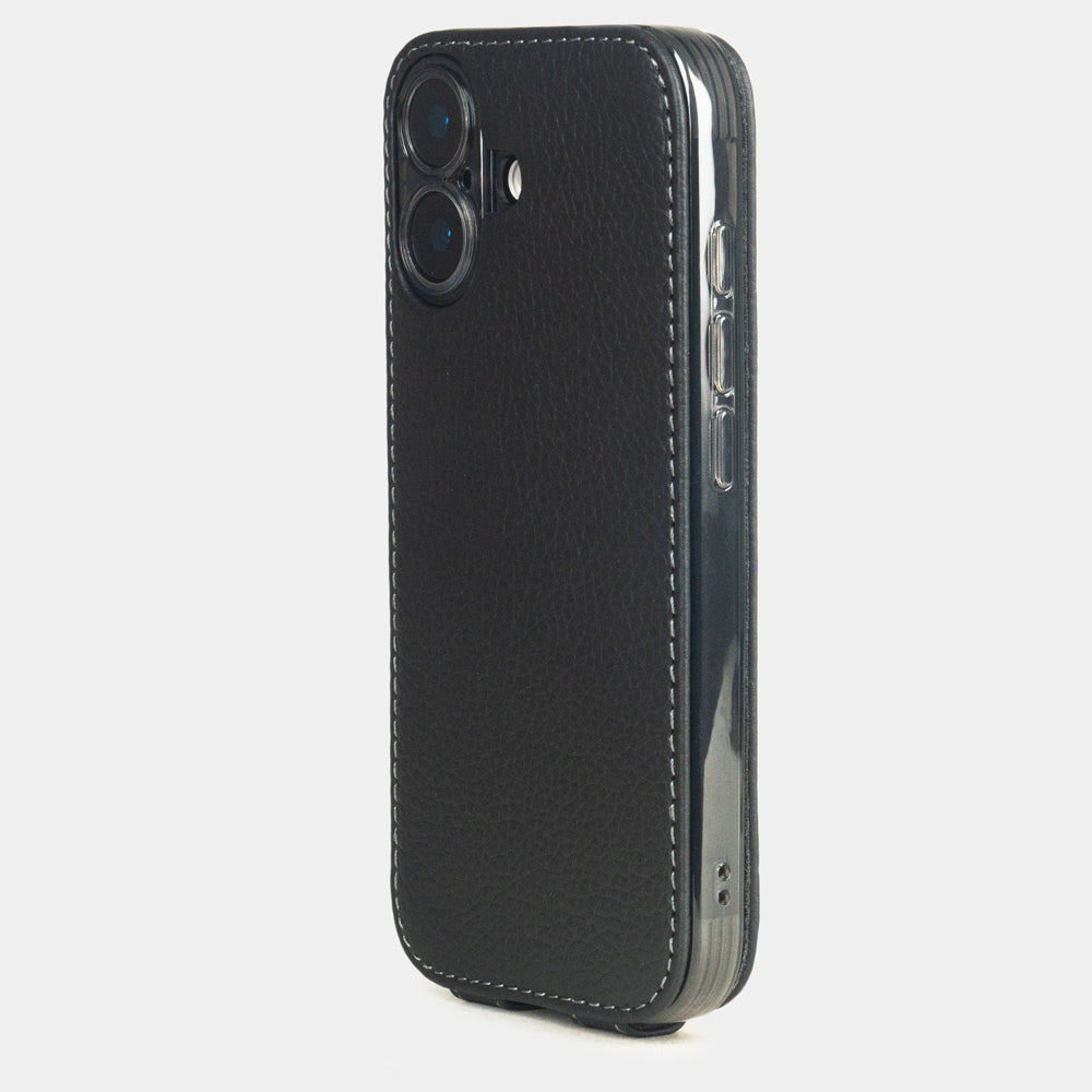 black leather flip case iPhone 17 - view from camera side and how the lenses are efficiently protected