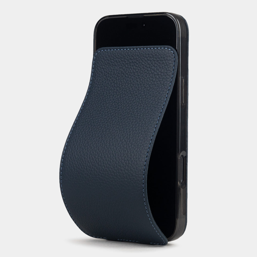 blue leather flip case iPhone 17 – luxury handmade phone case in genuine leather with magnetic front cover partially open
