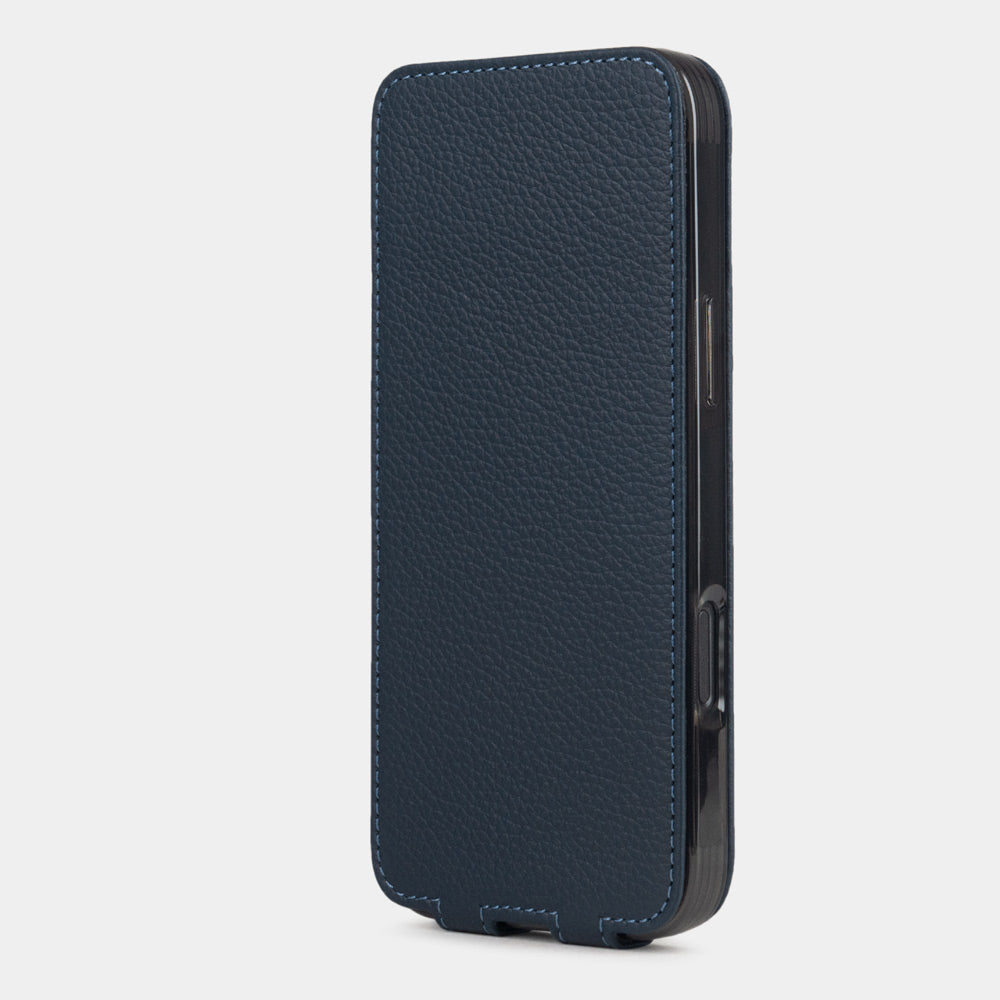 blue leather flip case iPhone 17 – upright closed view highlighting the magnetic front cover fully protecting the screen, elegant silhouette