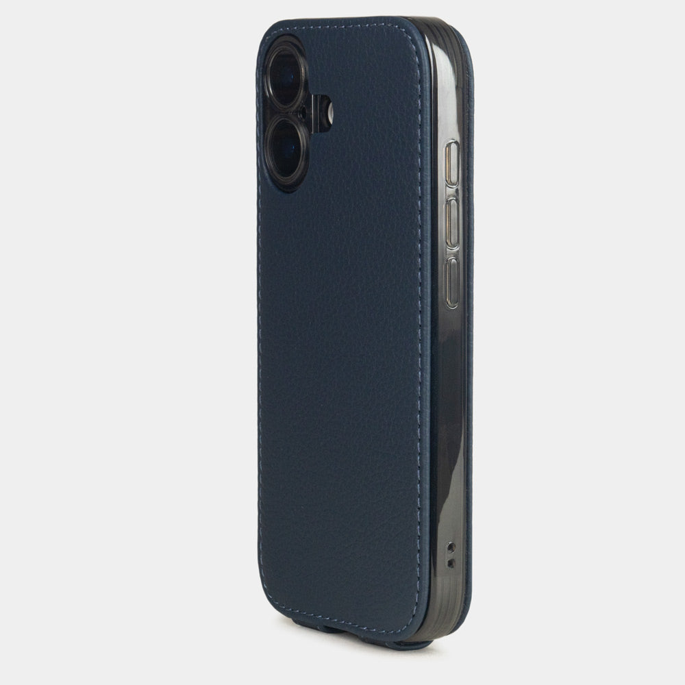 blue leather flip case iPhone 17 - view from camera side and how the lenses are efficiently protected
