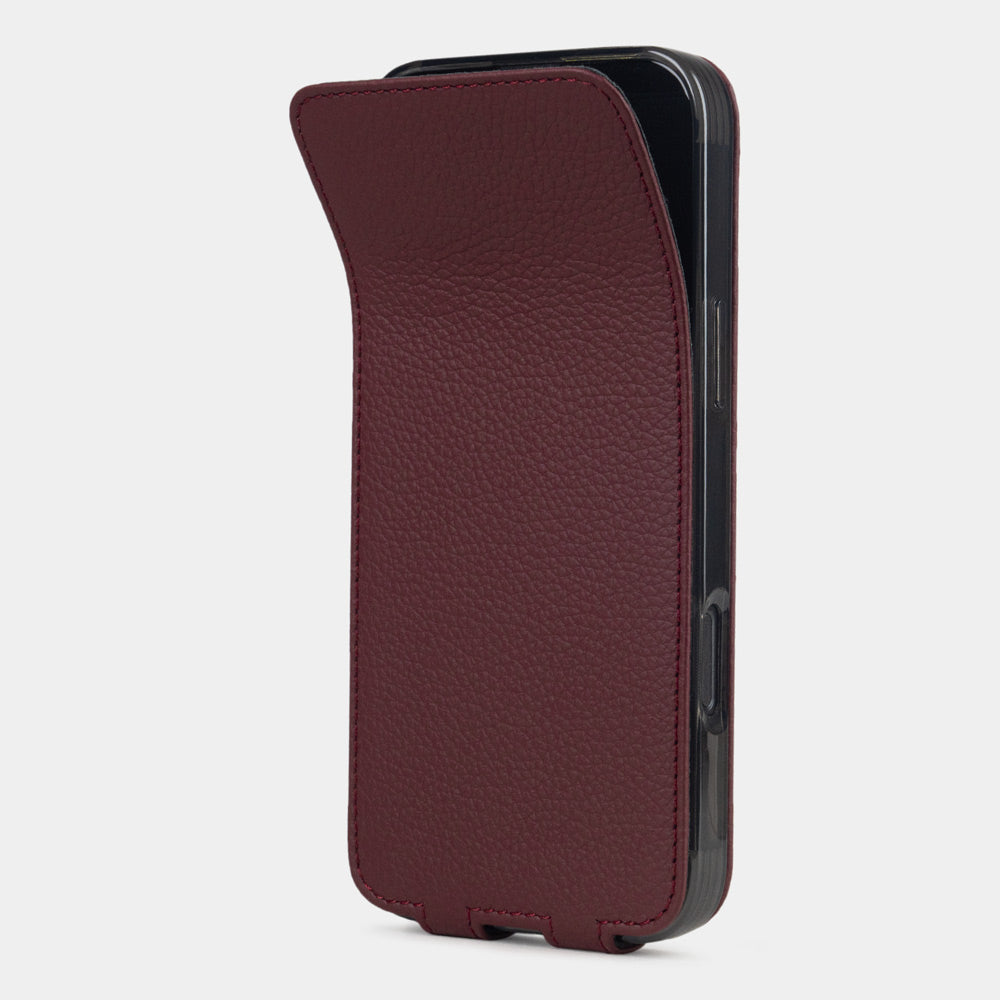 Bordeaux leather flip case iPhone 17 – phone flip case with textured natural scale pattern, flexible front cover folding back to protect the smartphone screen