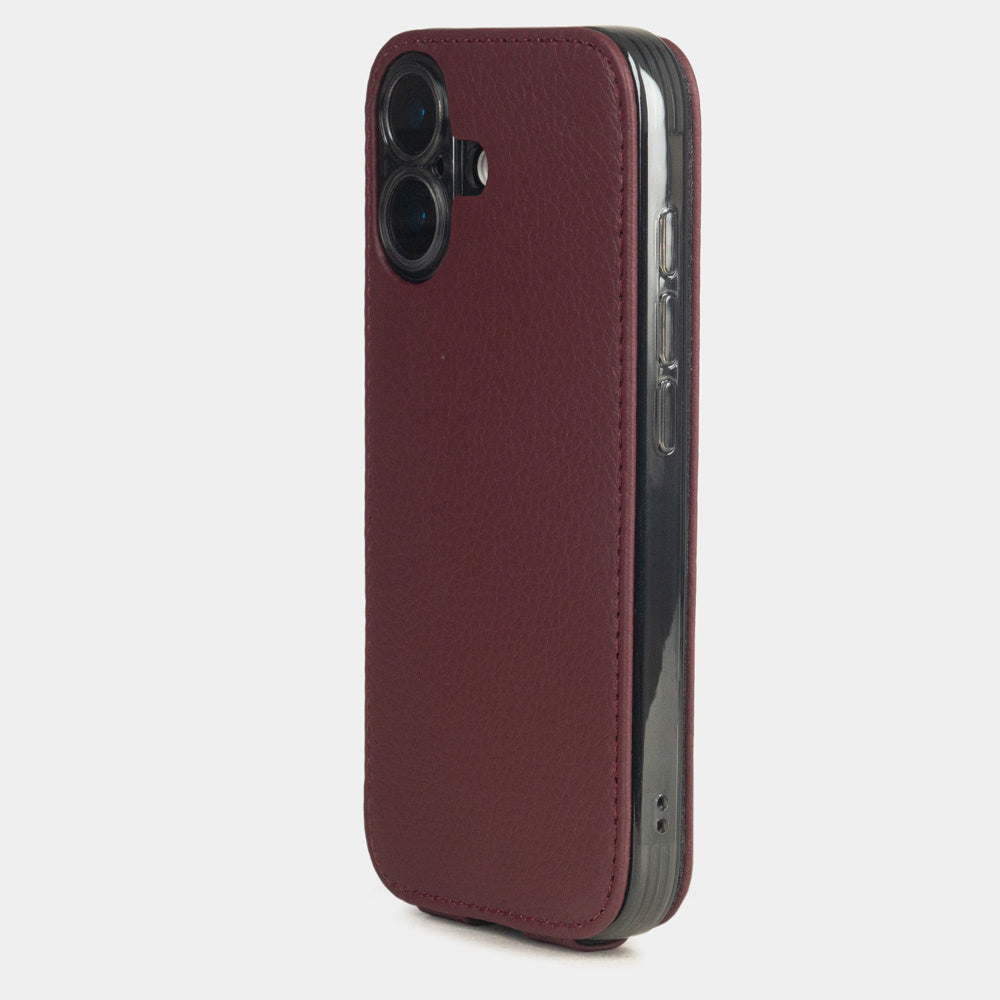 Bordeaux leather flip case iPhone 17 - view from camera side and how the lenses are efficiently protected