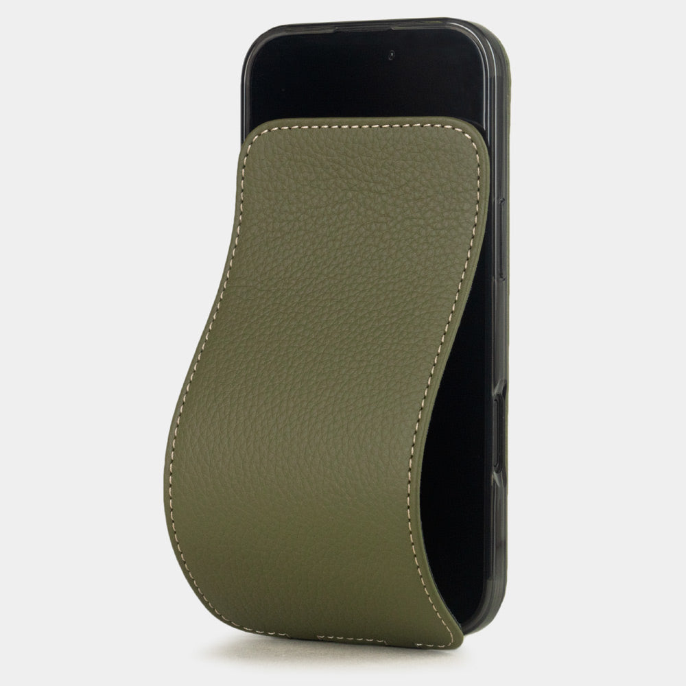 green leather flip case iPhone 17 – luxury handmade phone case in genuine leather with magnetic front cover partially open